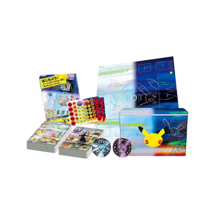 Contents of the Pokemon 30th CELEBRATION Premium Deck Set Espeon and Umbreon