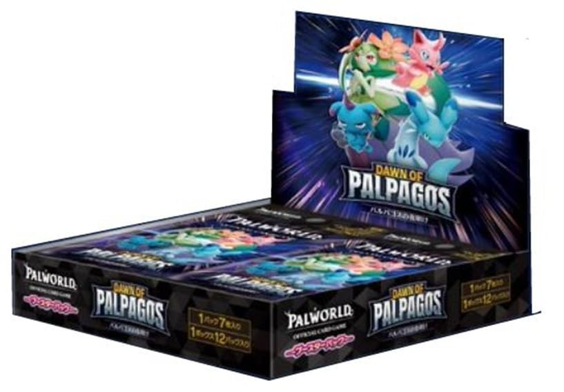 Japanese Palworld BP01 Dawn of Palpagos booster display box containing 12 packs
